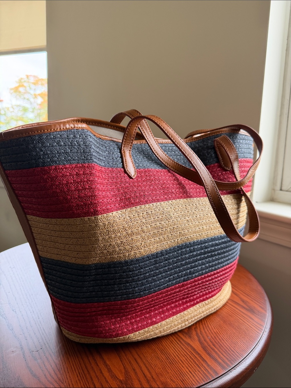 Talbots Striped Red, Navy & Tan Tote with Brown Leather Straps